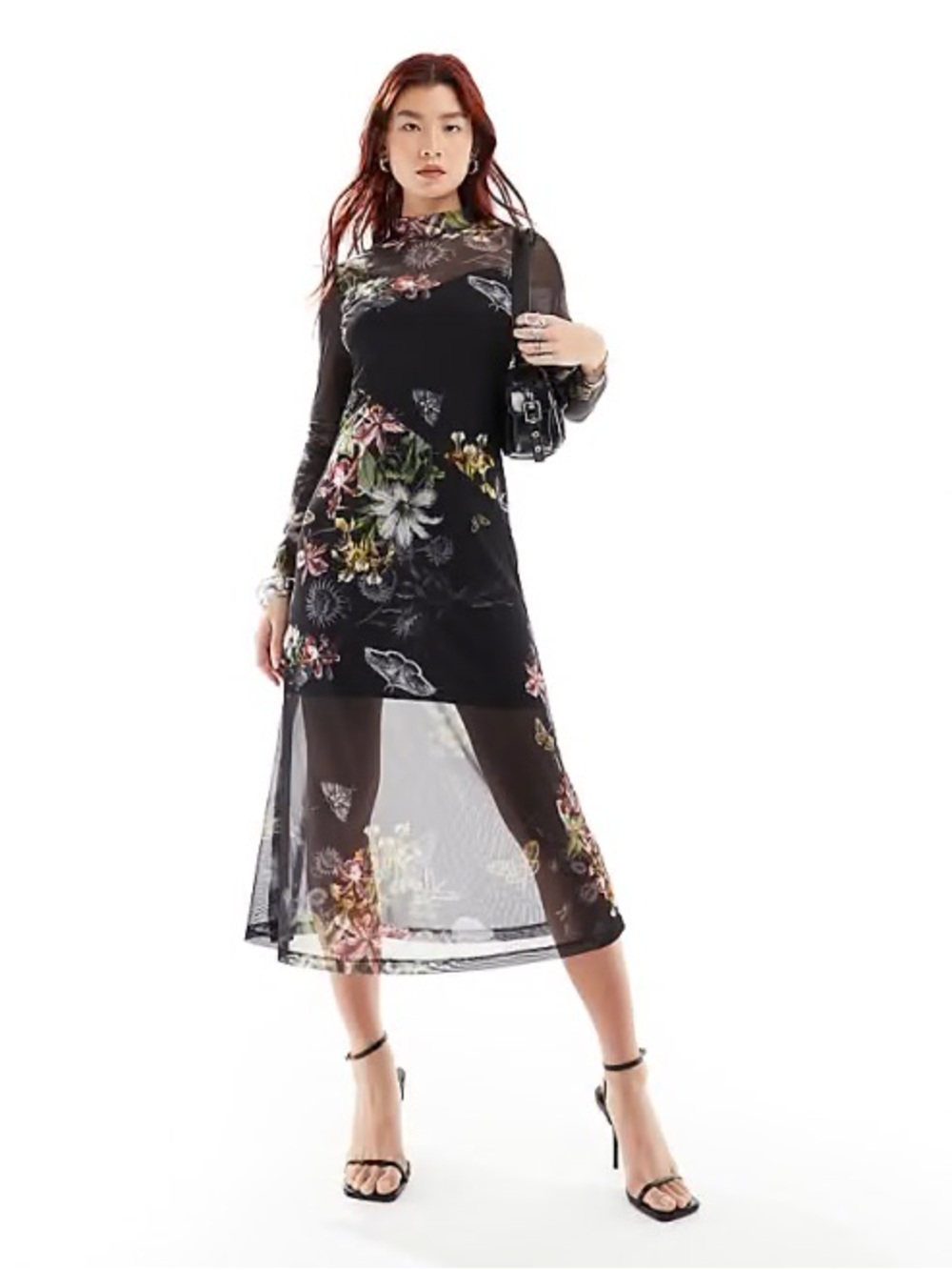 AllSaints Black Floral Mesh Midi Dress